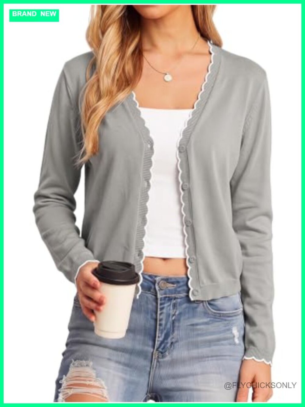 Women's V Neck Button Down Cardigan Sweater 100% Viscose Wavy Trim Lightweight